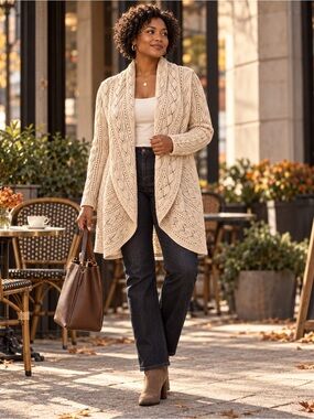 Cabi Cream 100% Cotton Pointelle Circle Cardigan Sweater L